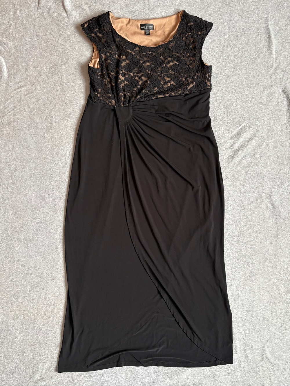 Black Lace-Overlay Midi Dress with Nude Lining